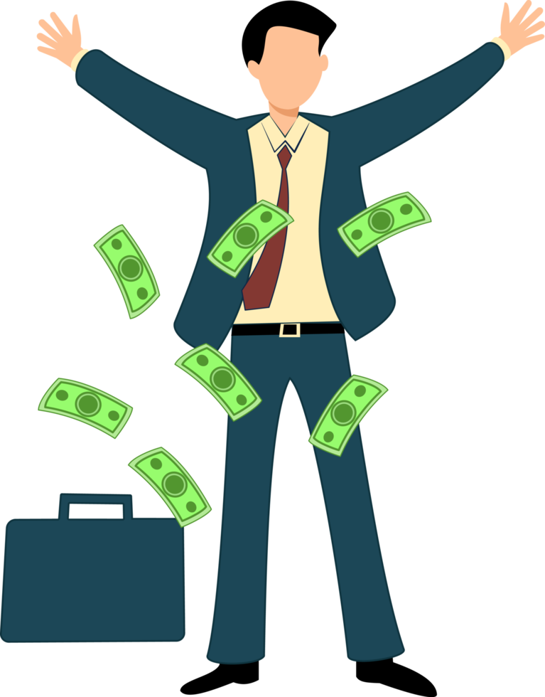 businessman under rain of banknotes. businessman with paper money Businessman and money icon. Rich business man. businessman with lots of money. money making businessman png