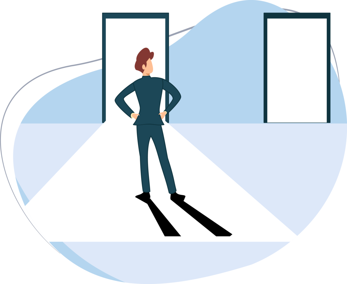 man standing between two open doors. illustration difficult choice. choice between two options png