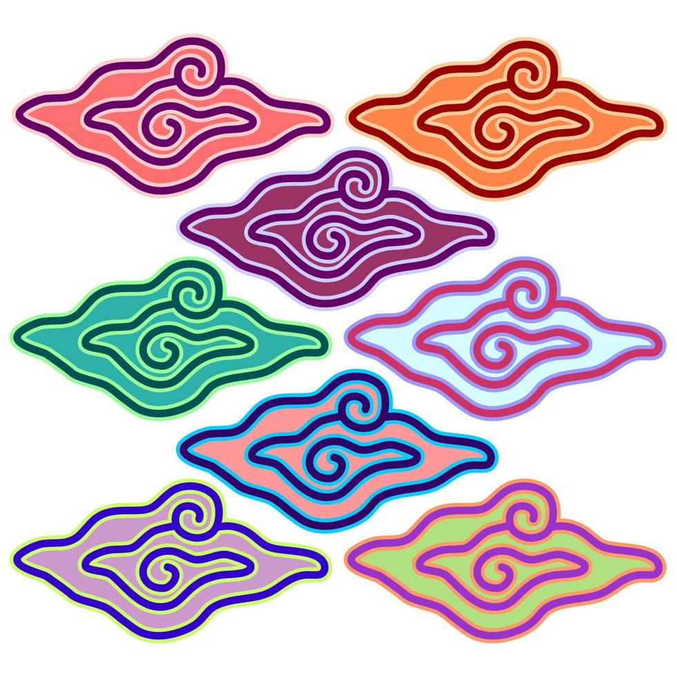 Set of multicolor batik pattern named Mega Mendung isolated on white background. Artistic cloud design. vector