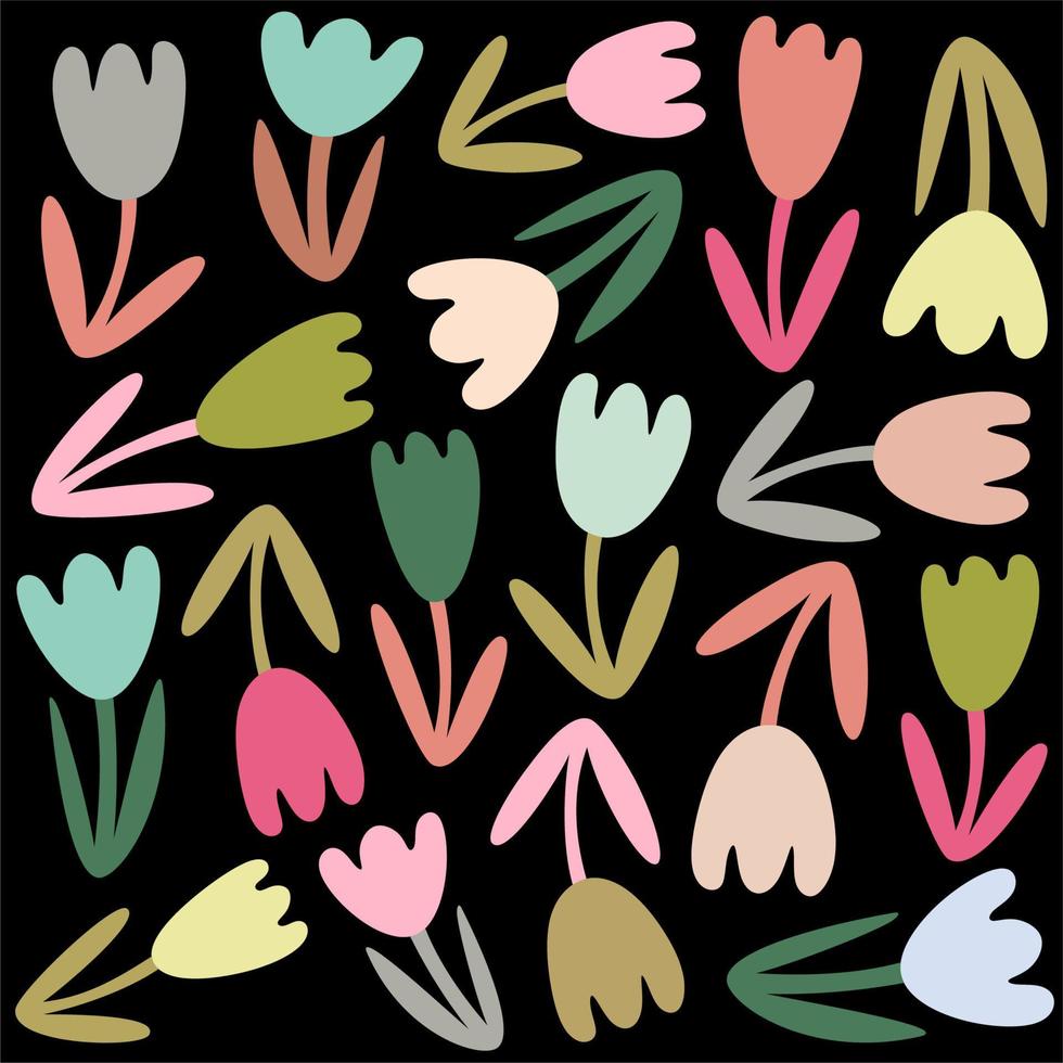 Seamless design of tulip flower pattern isolated on black background. Beautiful vector for textile, fashion, linen, fabric, wallpaper, card. Doodle style.