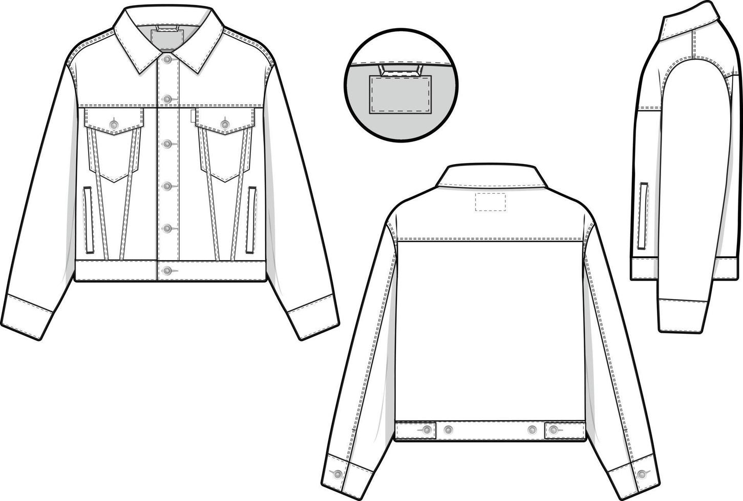 Men unisex cropped denim jean jacket trucker vector flat technical drawing illustration mock-up template for design and tech packs fashion CAD streetwear fashion brand design resource file slim.