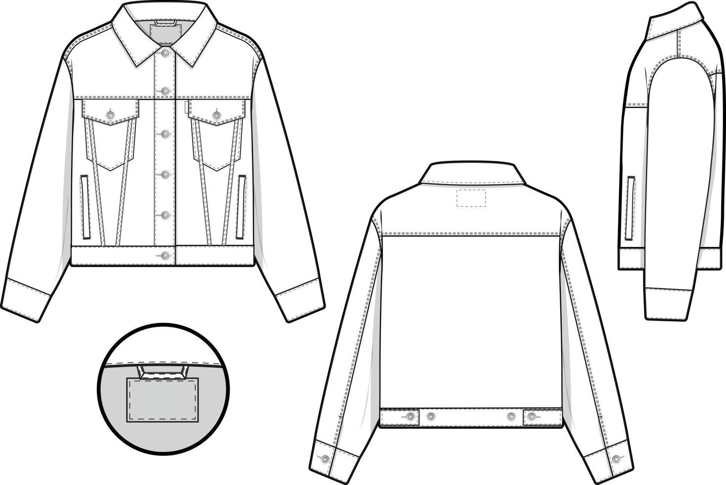 mujer recortado mezclilla vaquero chaqueta camionero vector plano técnico dibujo ilustración Bosquejo modelo para diseño y tecnología paquetes Moda canalla ropa de calle Moda marca diseño recurso archivo delgado.