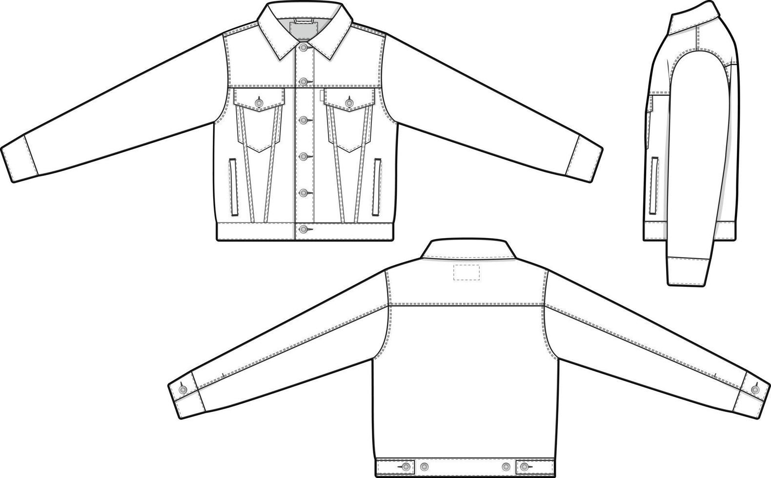 hombres unisexo recortado mezclilla vaquero chaqueta camionero vector plano técnico dibujo ilustración Bosquejo modelo para diseño y tecnología paquetes Moda canalla ropa de calle Moda marca diseño recurso archivo delgado.