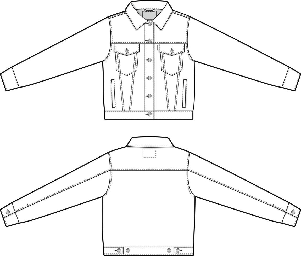 Women cropped denim jean jacket trucker vector flat technical drawing illustration mock-up template for design and tech packs fashion CAD streetwear fashion brand design resource file slim.