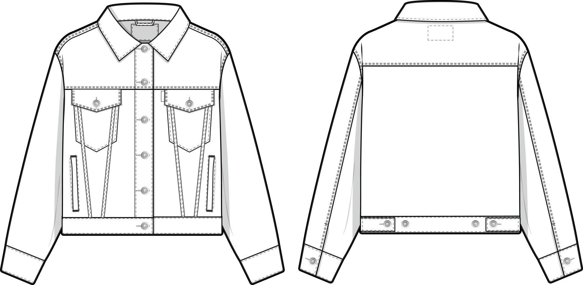 mujer recortado mezclilla vaquero chaqueta camionero vector plano técnico dibujo ilustración Bosquejo modelo para diseño y tecnología paquetes Moda canalla ropa de calle Moda marca diseño recurso archivo delgado.