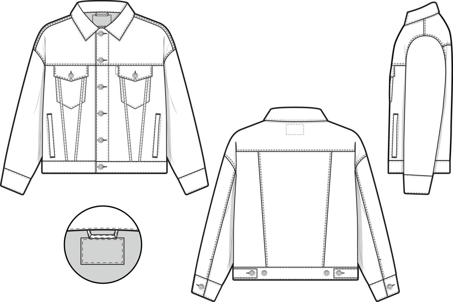 hombres unisexo regular ajuste mezclilla vaquero chaqueta camionero vector plano técnico dibujo ilustración Bosquejo modelo para diseño y tecnología paquetes Moda canalla ropa de calle Moda marca diseño recurso archivo.