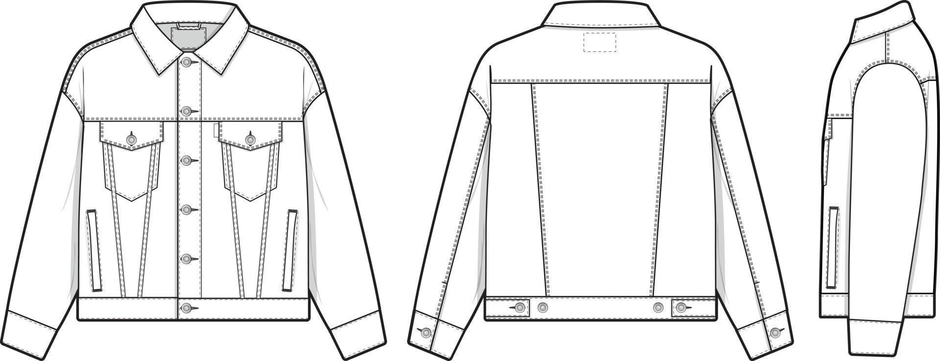 Men unisex regular fit denim jean jacket trucker vector flat technical drawing illustration mock-up template for design and tech packs fashion CAD streetwear fashion brand design resource file.