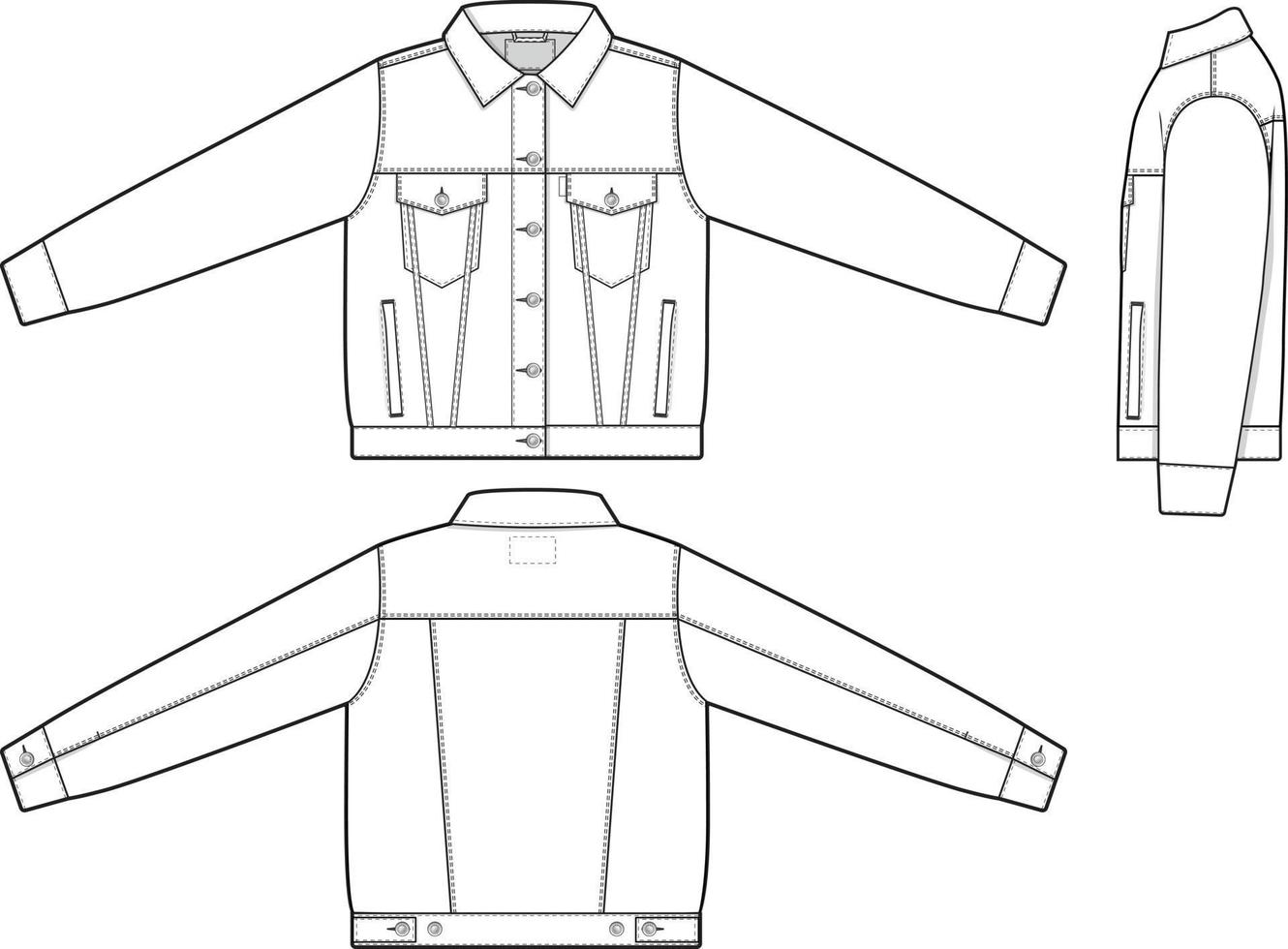 mujer regular ajuste mezclilla vaquero chaqueta camionero vector plano técnico dibujo ilustración Bosquejo modelo para diseño y tecnología paquetes Moda canalla ropa de calle Moda marca diseño recurso archivo.