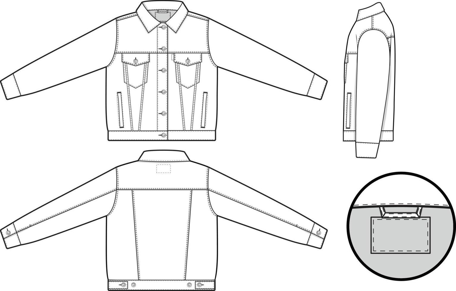 mujer regular ajuste mezclilla vaquero chaqueta camionero vector plano técnico dibujo ilustración Bosquejo modelo para diseño y tecnología paquetes Moda canalla ropa de calle Moda marca diseño recurso archivo.