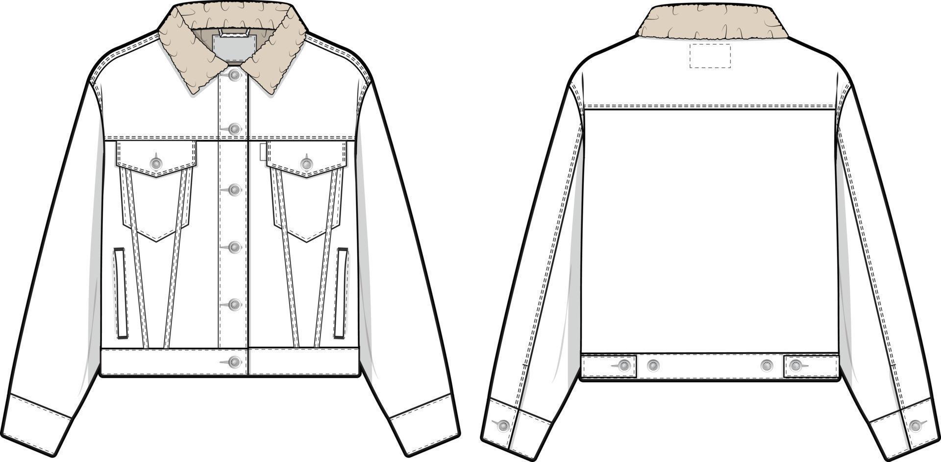 mujer recortado Sherpa mezclilla chaqueta camionero vector plano técnico dibujo ilustración Bosquejo modelo para diseño y tecnología paquetes Moda canalla ropa de calle Moda marca diseño recurso archivo delgado.