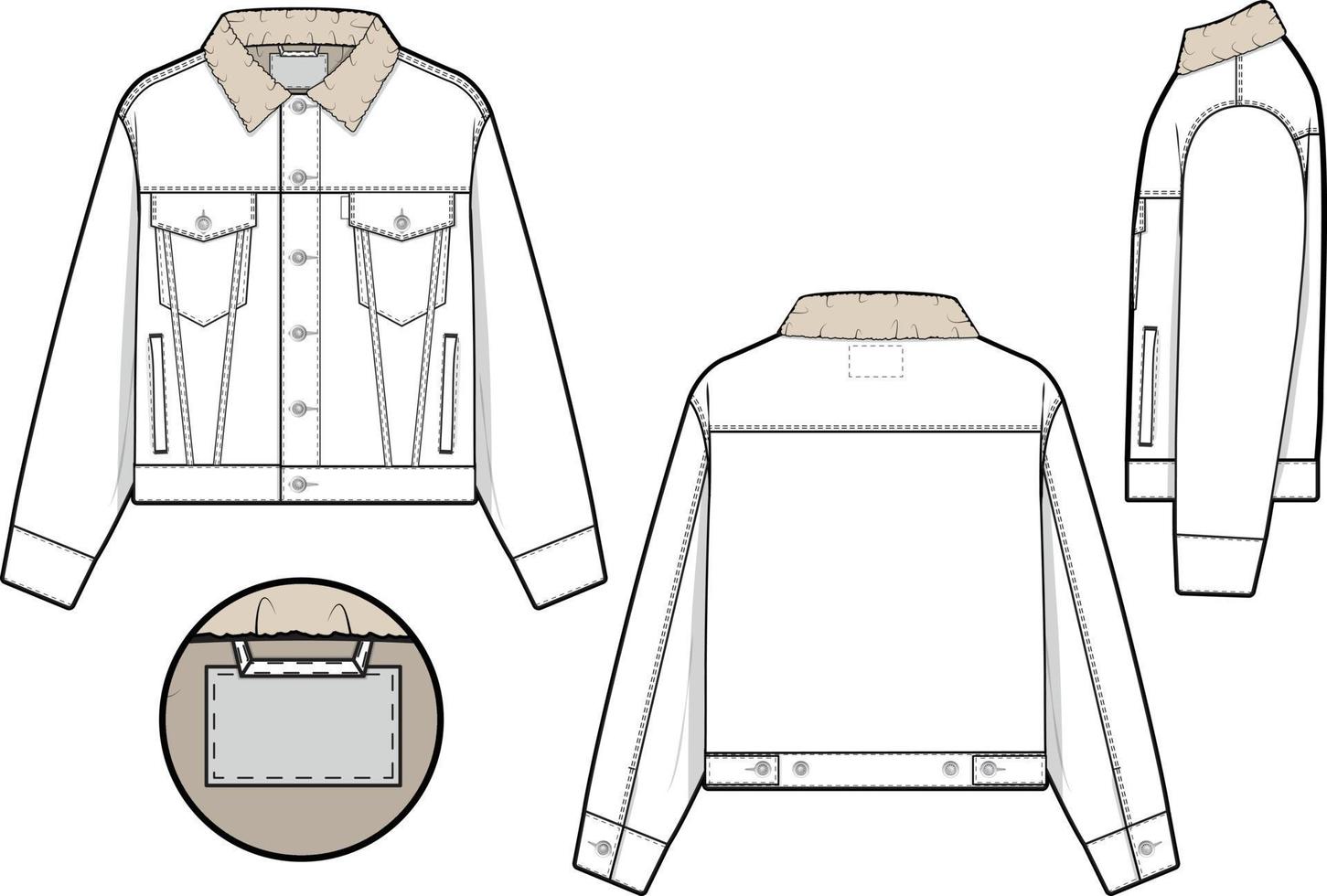 hombres unisexo recortado Sherpa mezclilla vaquero chaqueta camionero vector plano técnico dibujo ilustración Bosquejo modelo para diseño y tecnología paquetes Moda canalla ropa de calle Moda marca diseño recurso archivo