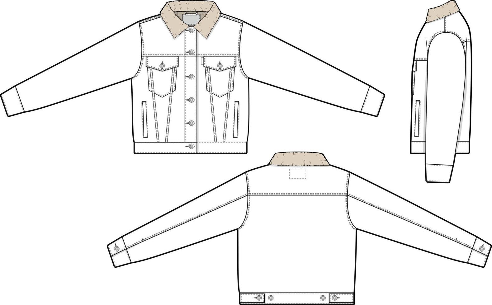 mujer recortado Sherpa mezclilla chaqueta camionero vector plano técnico dibujo ilustración Bosquejo modelo para diseño y tecnología paquetes Moda canalla ropa de calle Moda marca diseño recurso archivo delgado.