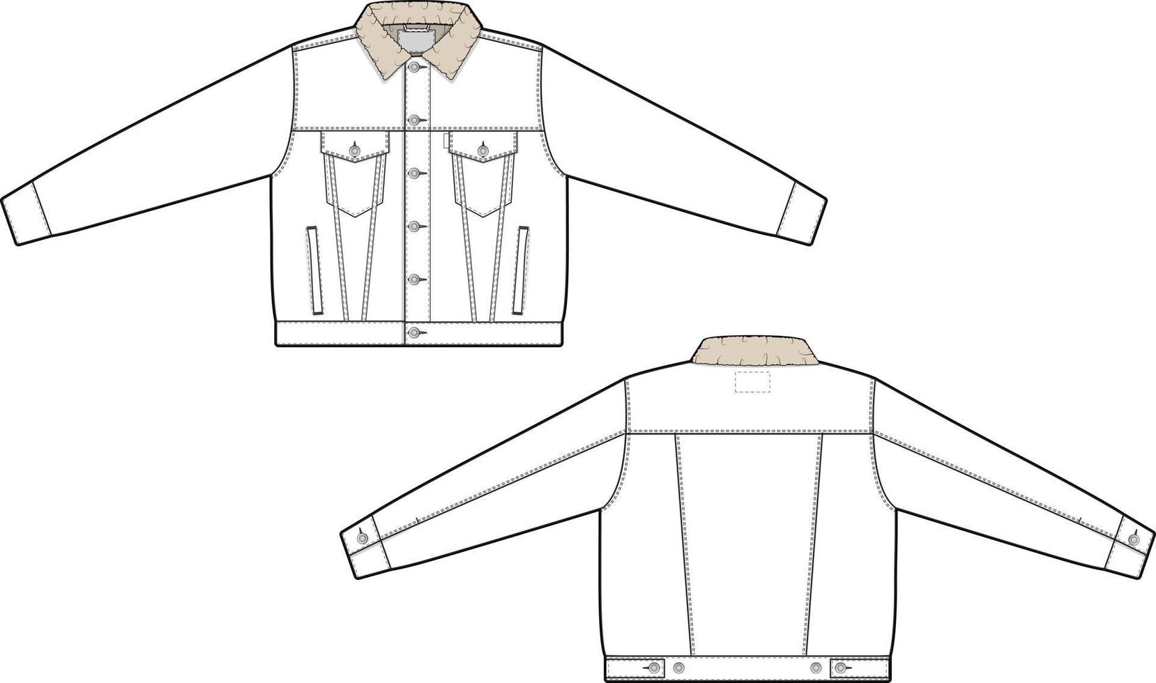 Men unisex oversized sherpa denim jean jacket trucker vector flat technical drawing illustration mock-up template for design and tech packs fashion CAD streetwear fashion brand design file baggy.