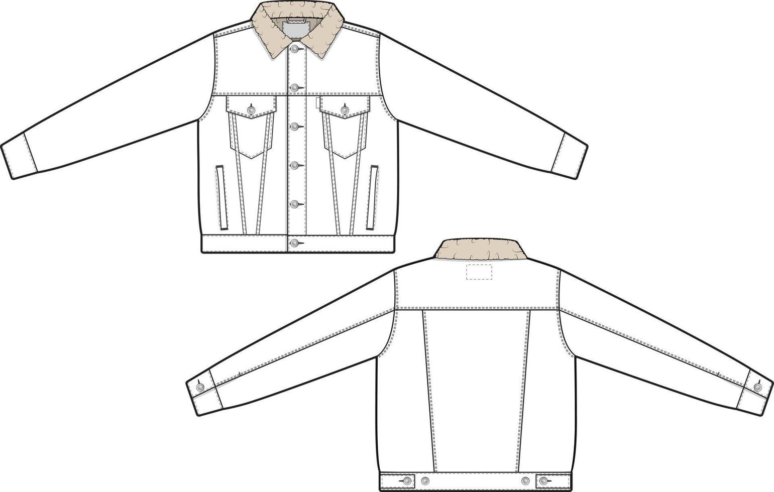 Unisex Men Sherpa denim jacket trucker vector flat technical drawing illustration mock-up template for design and tech packs fashion CAD streetwear fashion brand design tool resource file regular fit.
