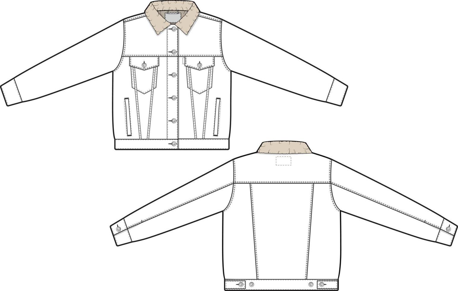 mujer Sherpa mezclilla vaquero chaqueta camionero vector plano técnico dibujo ilustración Bosquejo modelo para diseño y tecnología paquetes Moda canalla ropa de calle Moda marca diseño herramienta recurso archivo regular adaptar.