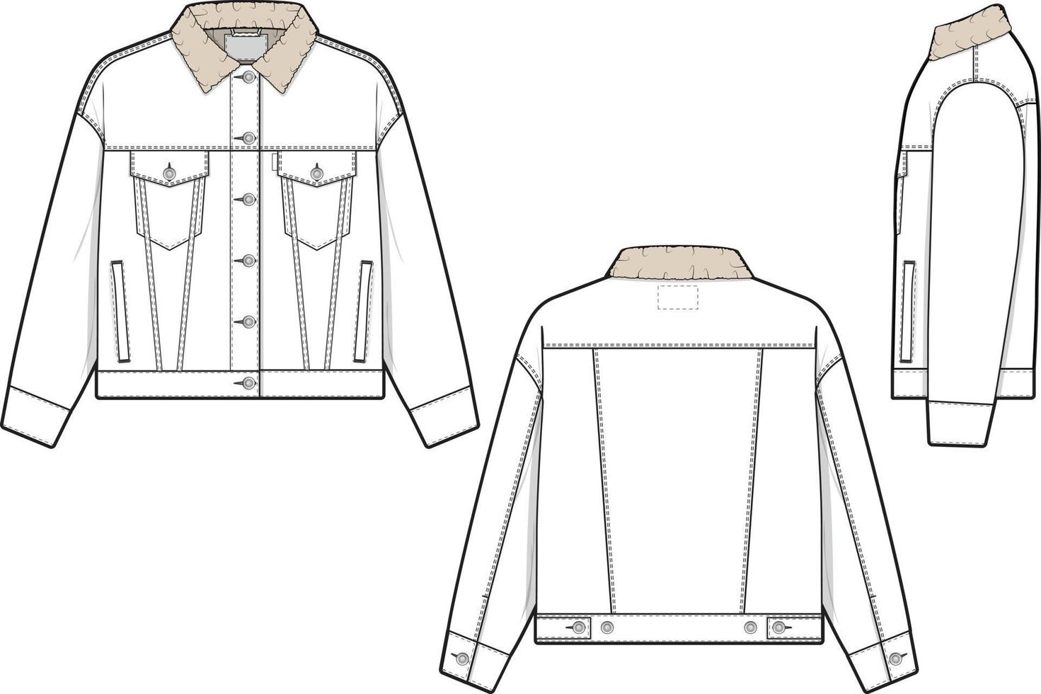 mujer Sherpa mezclilla vaquero chaqueta camionero vector plano técnico dibujo ilustración Bosquejo modelo para diseño y tecnología paquetes Moda canalla ropa de calle Moda marca diseño herramienta recurso archivo regular adaptar.