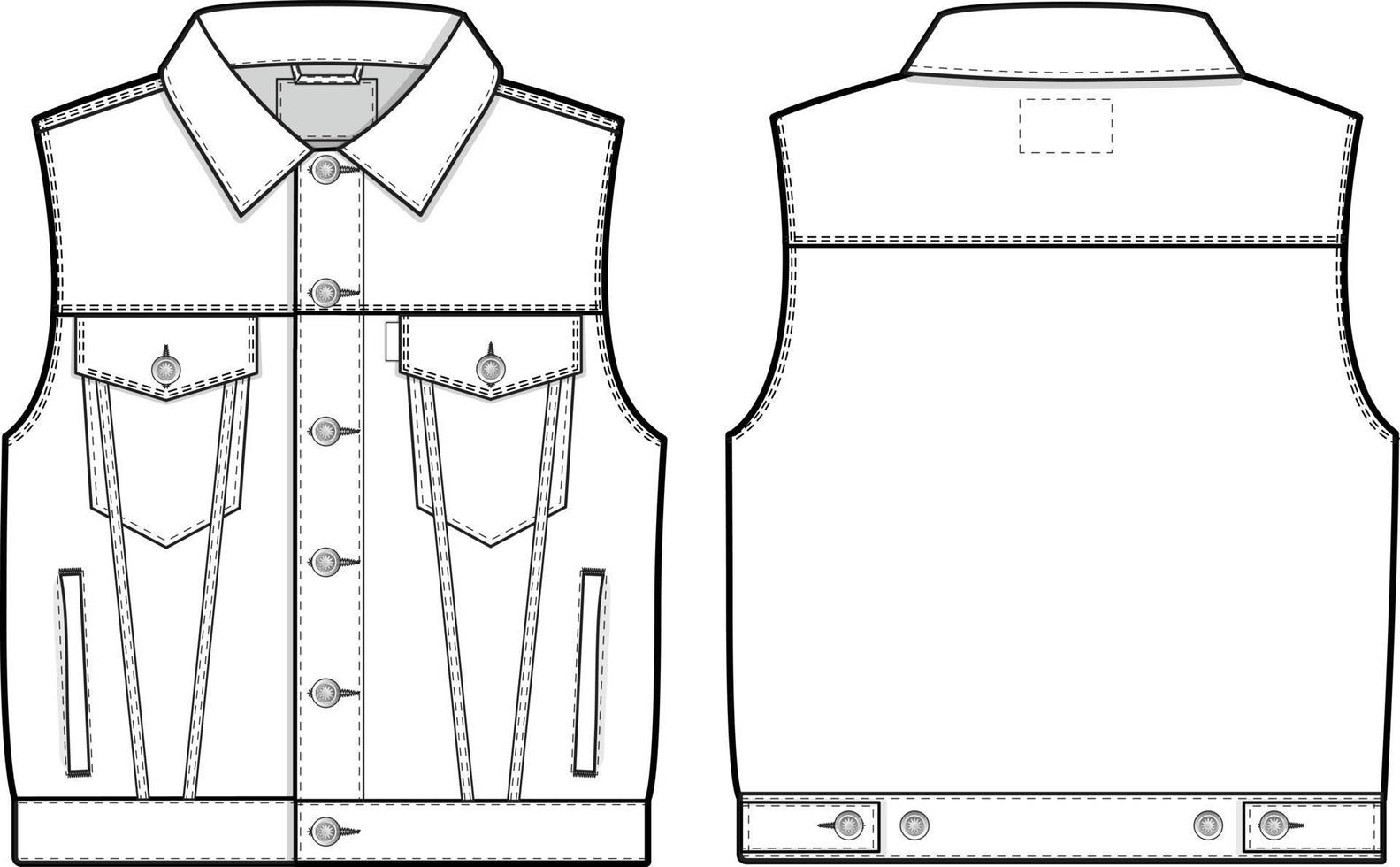 Men unisex cropped denim jean jacket vest cutoff sleeveless slim fit Collared Flat Technical Drawing Illustration Blank Mock-up Template for Design and Tech Packs CAD Technical Sketch vector