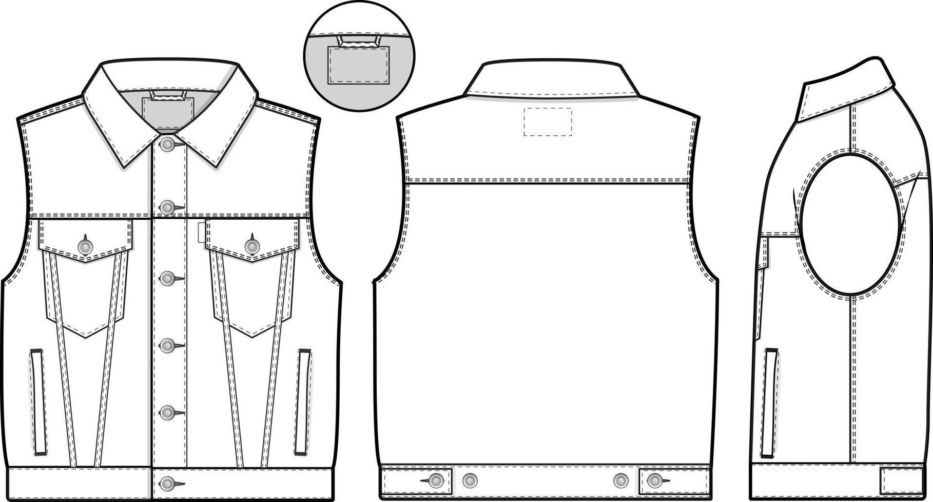 hombres unisexo recortado mezclilla vaquero chaqueta chaleco cortar sin mangas Delgado ajuste con cuello plano técnico dibujo ilustración blanco Bosquejo modelo para diseño y tecnología paquetes canalla técnico bosquejo vector