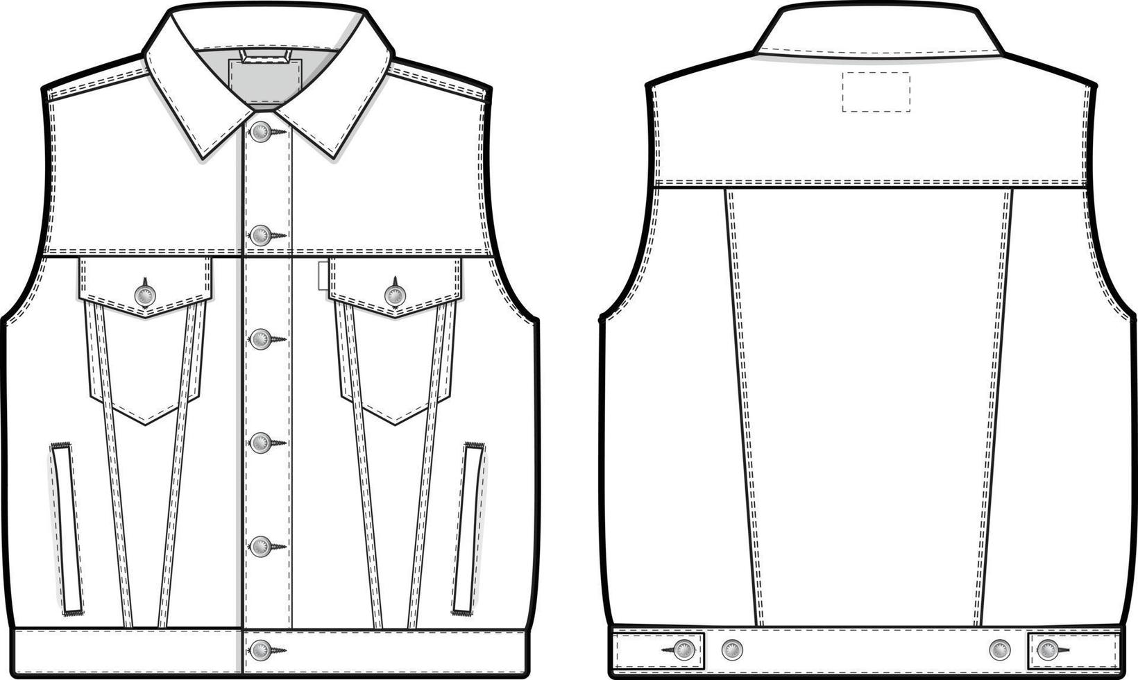 Men unisex regular fit denim jean jacket vest cutoff sleeveless Collared Flat Technical Drawing Illustration Blank Mock-up Template for Design and Tech Packs CAD Technical Sketch vector