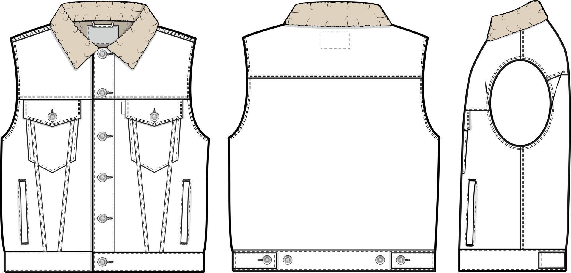 Men unisex cropped denim sherpa jean jacket vest cutoff sleeveless streetwear Collared Flat Technical Drawing Illustration Blank Mock-up Template for Design Tech Packs CAD Technical Sketch vector