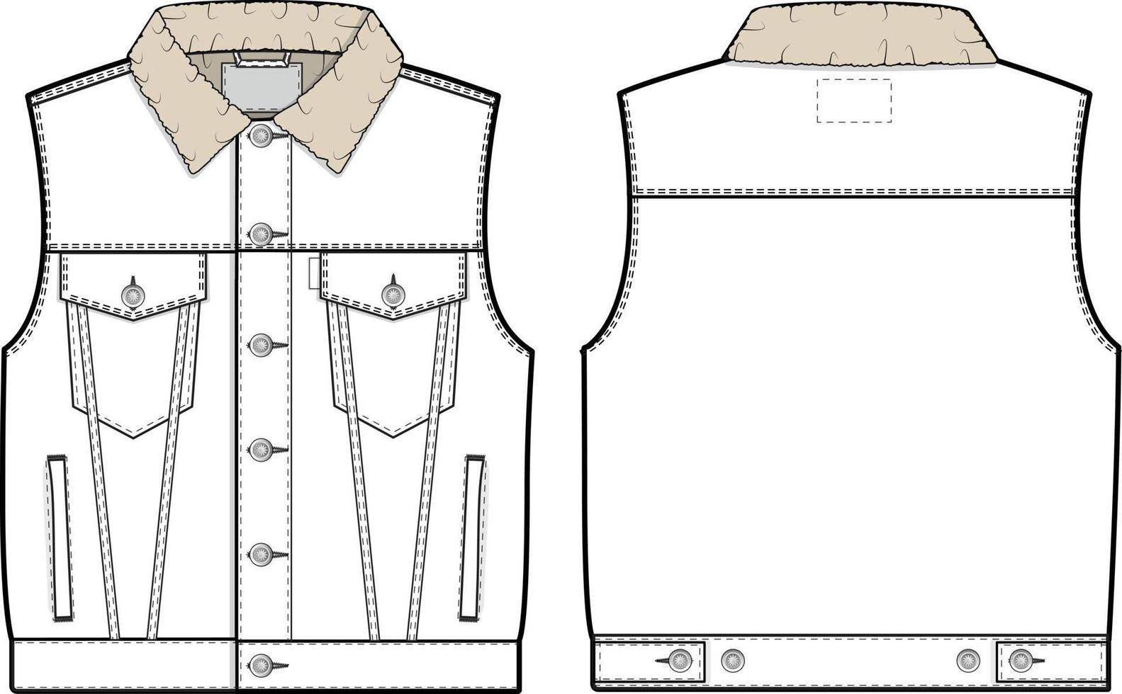 hombres unisexo recortado mezclilla Sherpa vaquero chaqueta chaleco cortar sin mangas ropa de calle con cuello plano técnico dibujo ilustración blanco Bosquejo modelo para diseño tecnología paquetes canalla técnico bosquejo vector