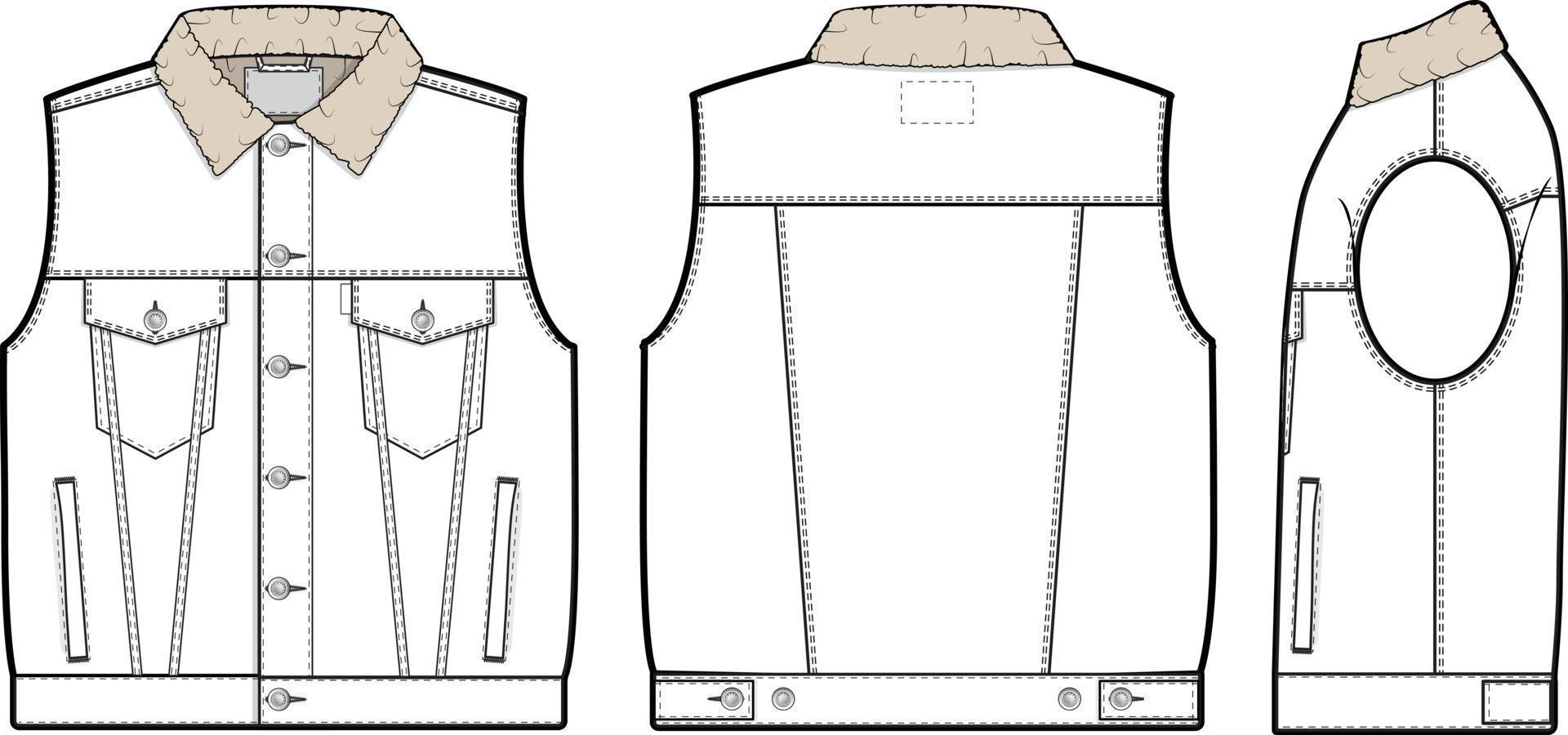 hombres unisexo Sherpa mezclilla chaleco camionero vector plano técnico dibujo ilustración Bosquejo modelo para diseño y tecnología paquetes Moda canalla ropa de calle Moda marca diseño herramienta recurso archivo regular adaptar.