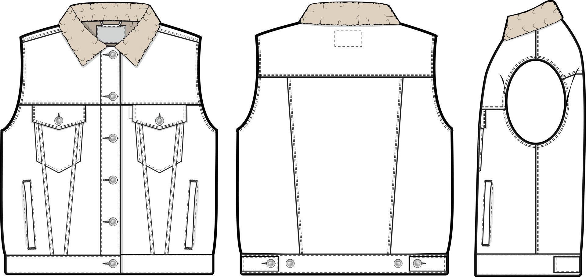 mujer Sherpa mezclilla chaleco camionero vector plano técnico dibujo ilustración Bosquejo modelo para diseño y tecnología paquetes Moda canalla ropa de calle Moda marca diseño herramienta recurso archivo regular adaptar.