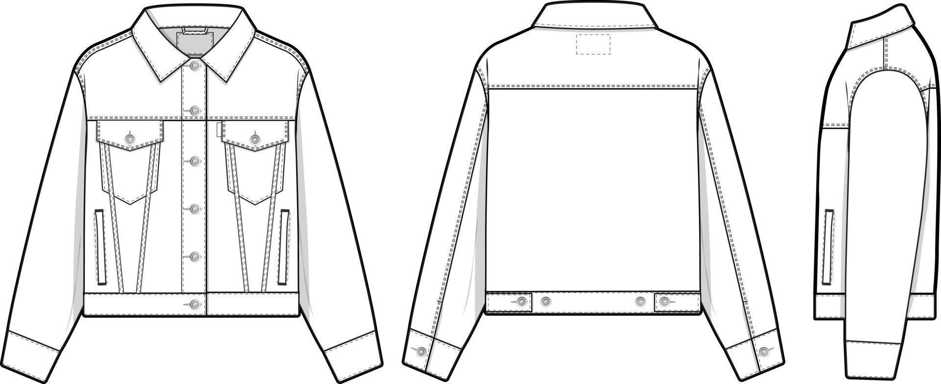 mujer recortado mezclilla vaquero chaqueta camionero vector plano técnico dibujo ilustración Bosquejo modelo para diseño y tecnología paquetes Moda canalla ropa de calle Moda marca diseño recurso archivo delgado.