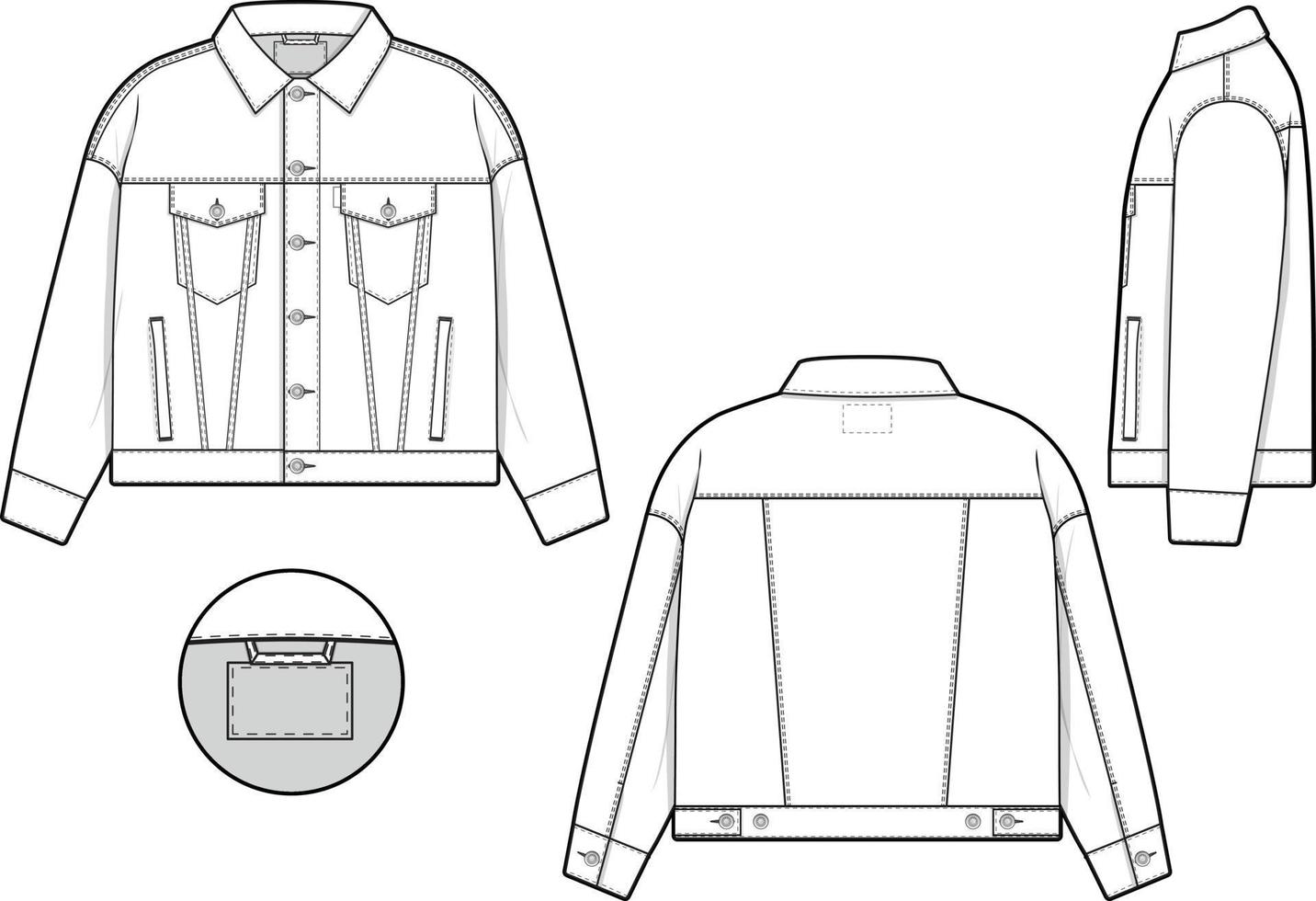 hombres unisexo de gran tamaño holgado mezclilla vaquero chaqueta camionero vector plano técnico dibujo ilustración Bosquejo modelo para diseño y tecnología paquetes Moda canalla ropa de calle Moda marca diseño recurso archivo.