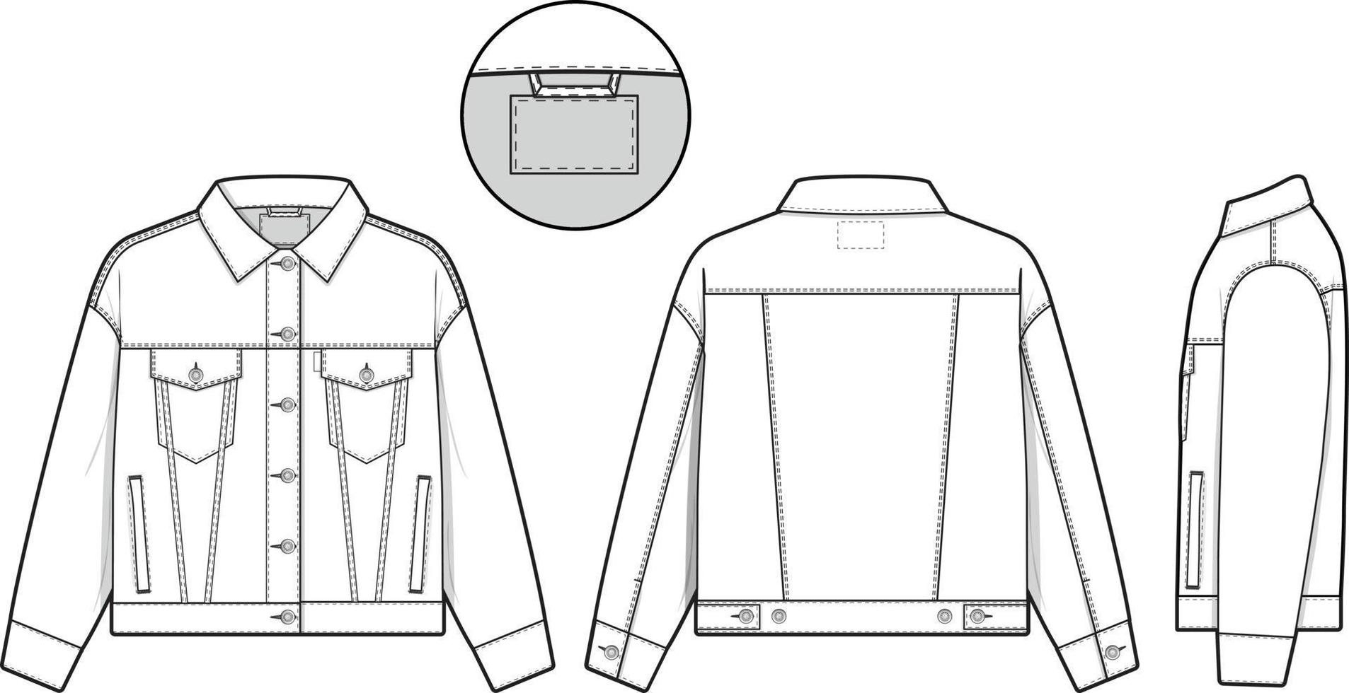 Women regular fit denim jean jacket trucker vector flat technical drawing illustration mock-up template for design and tech packs fashion CAD streetwear fashion brand design resource file.