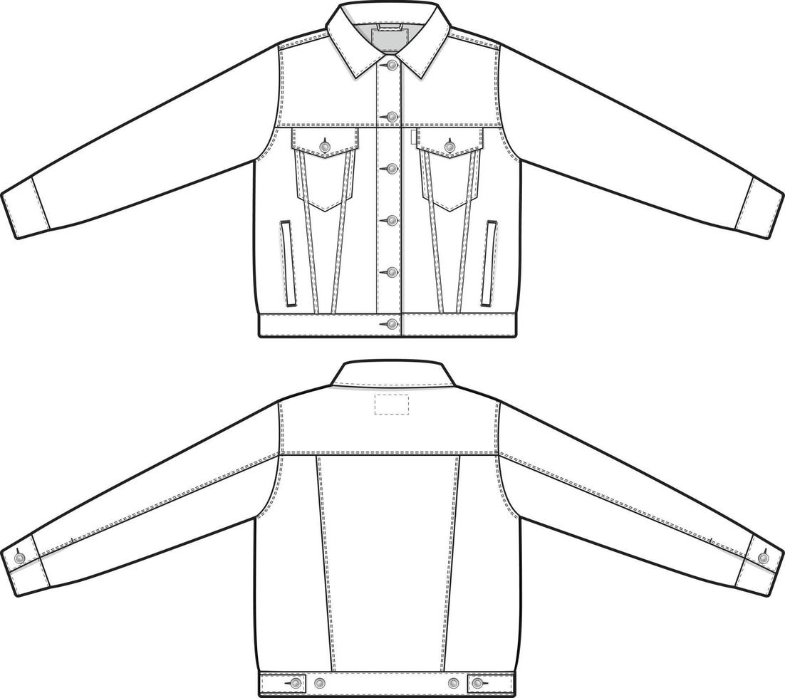 Women regular fit denim jean jacket trucker vector flat technical drawing illustration mock-up template for design and tech packs fashion CAD streetwear fashion brand design resource file.