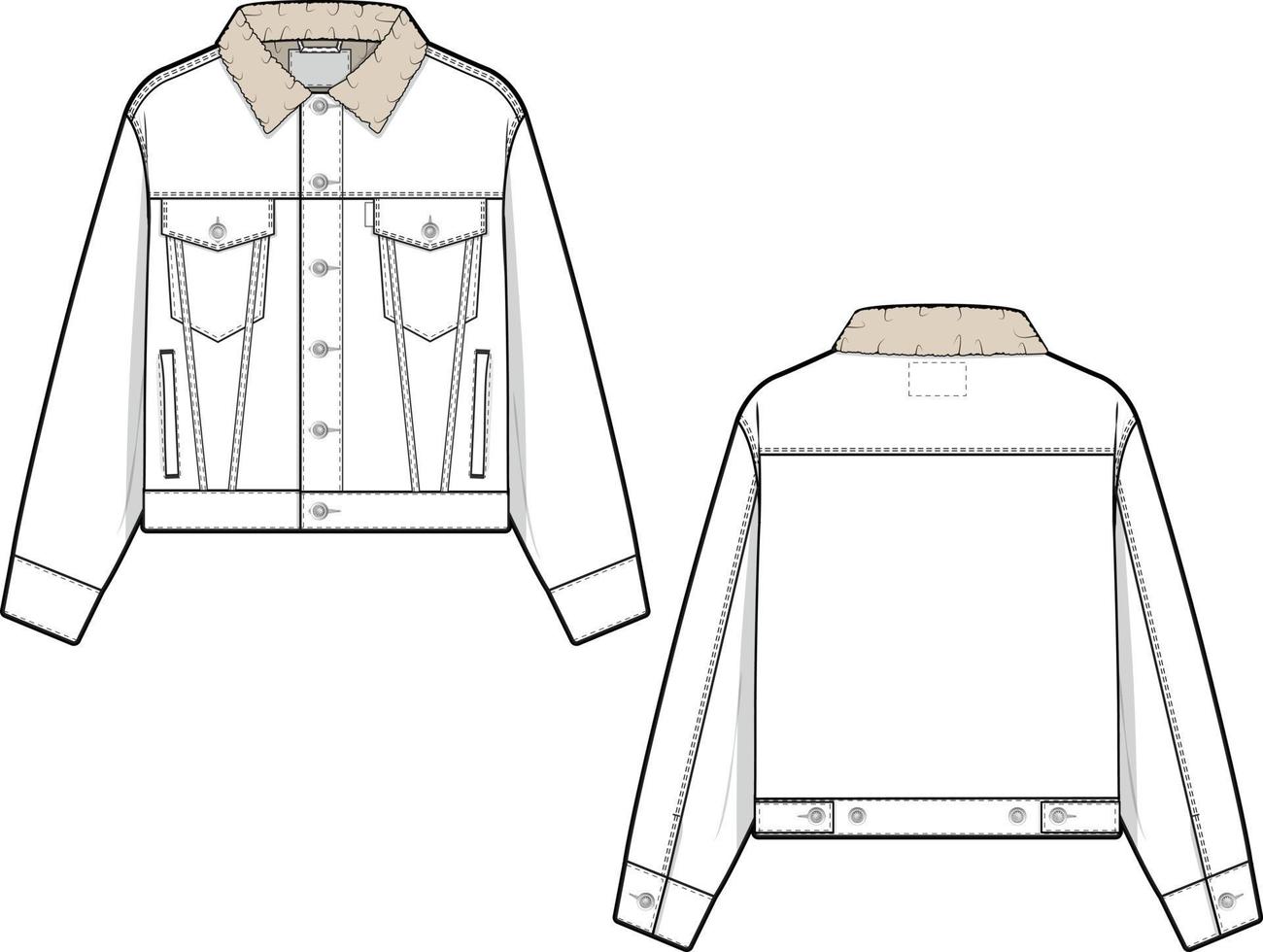 Men unisex cropped sherpa denim jean jacket trucker vector flat technical drawing illustration mock-up template for design and tech packs fashion CAD streetwear fashion brand design resource file