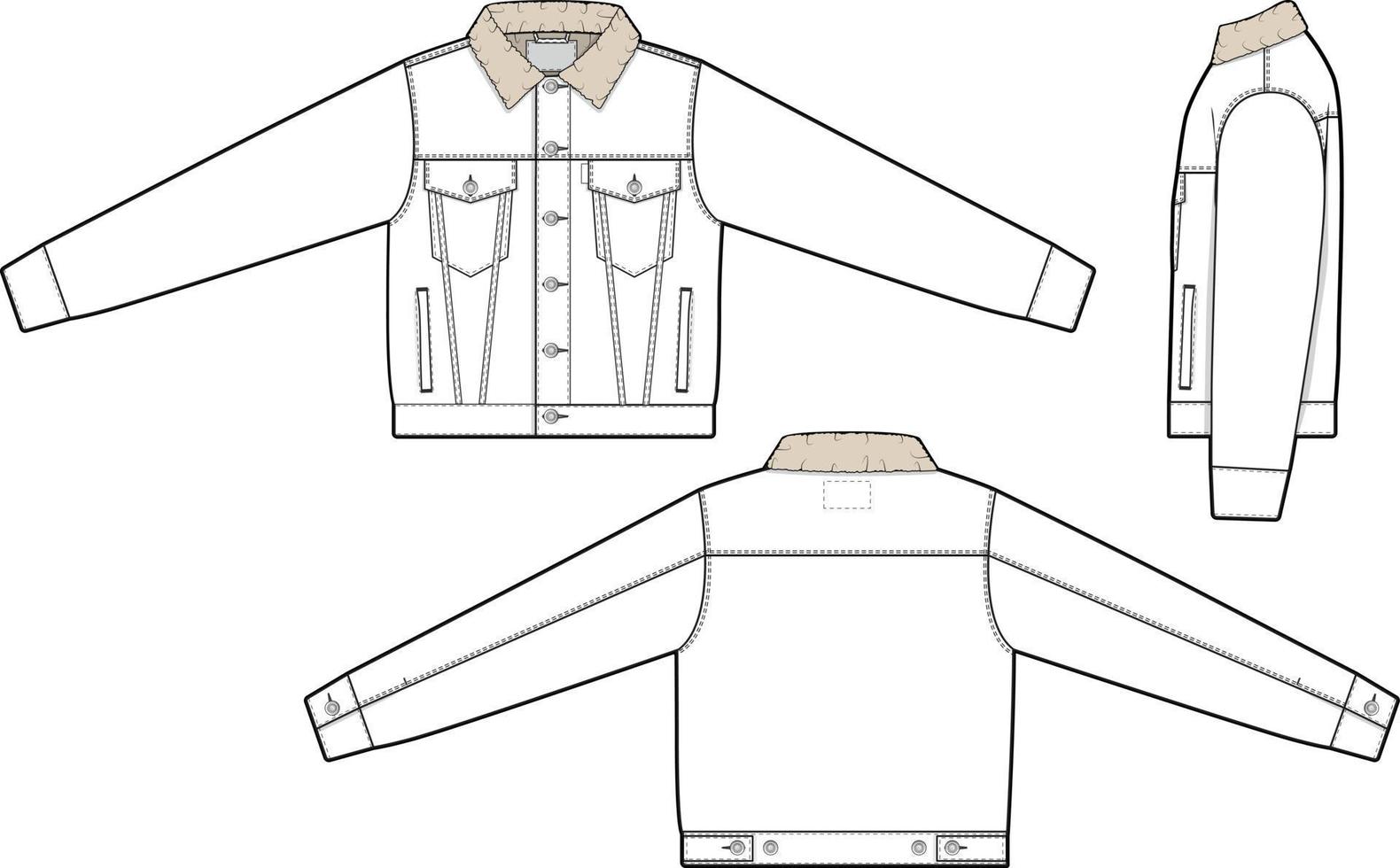 hombres unisexo recortado Sherpa mezclilla vaquero chaqueta camionero vector plano técnico dibujo ilustración Bosquejo modelo para diseño y tecnología paquetes Moda canalla ropa de calle Moda marca diseño recurso archivo