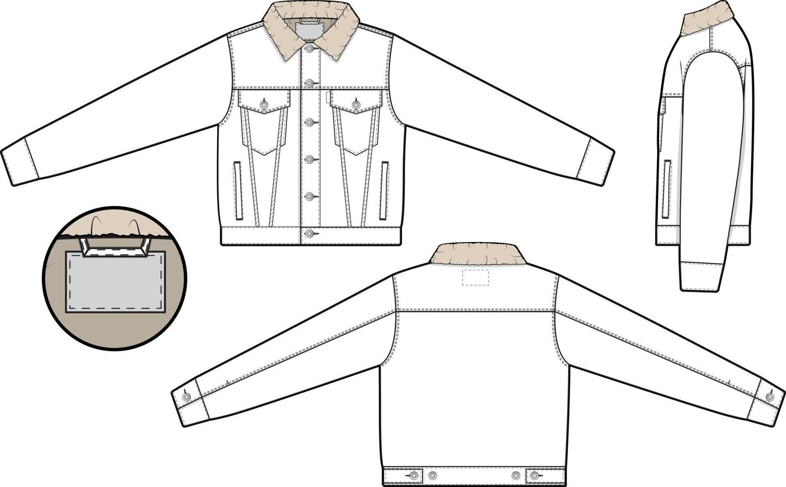 hombres unisexo recortado Sherpa mezclilla vaquero chaqueta camionero vector plano técnico dibujo ilustración Bosquejo modelo para diseño y tecnología paquetes Moda canalla ropa de calle Moda marca diseño recurso archivo