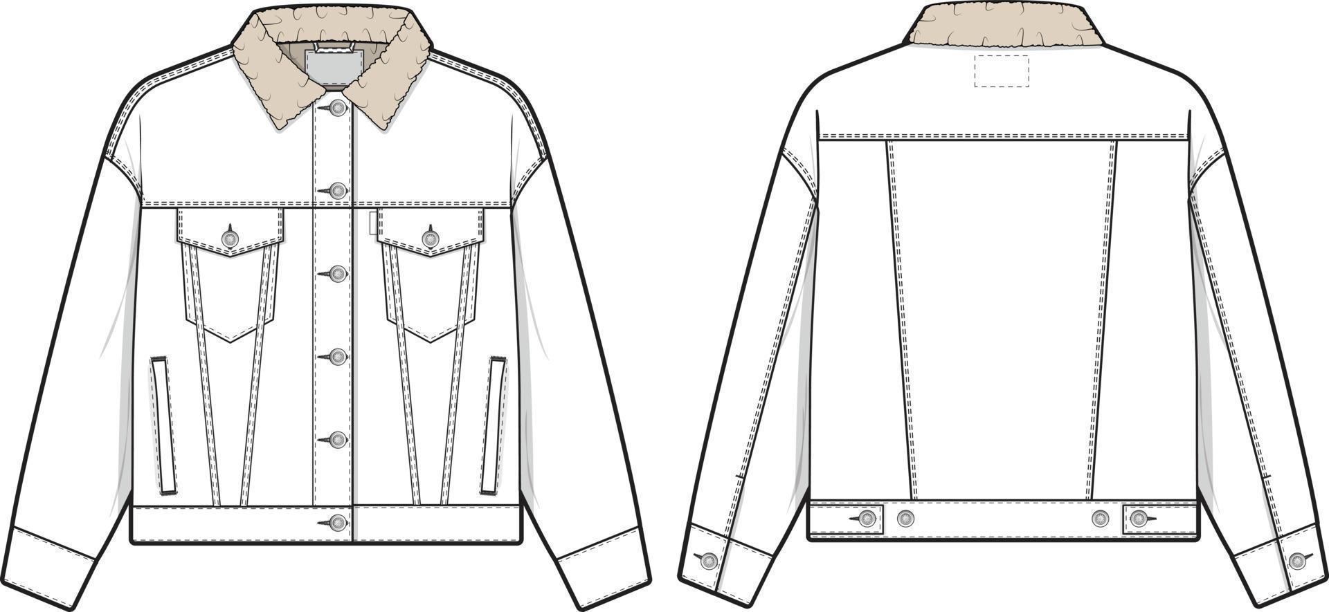 mujer Sherpa mezclilla vaquero chaqueta camionero vector plano técnico dibujo ilustración Bosquejo modelo para diseño y tecnología paquetes Moda canalla ropa de calle Moda marca diseño herramienta recurso archivo regular adaptar.