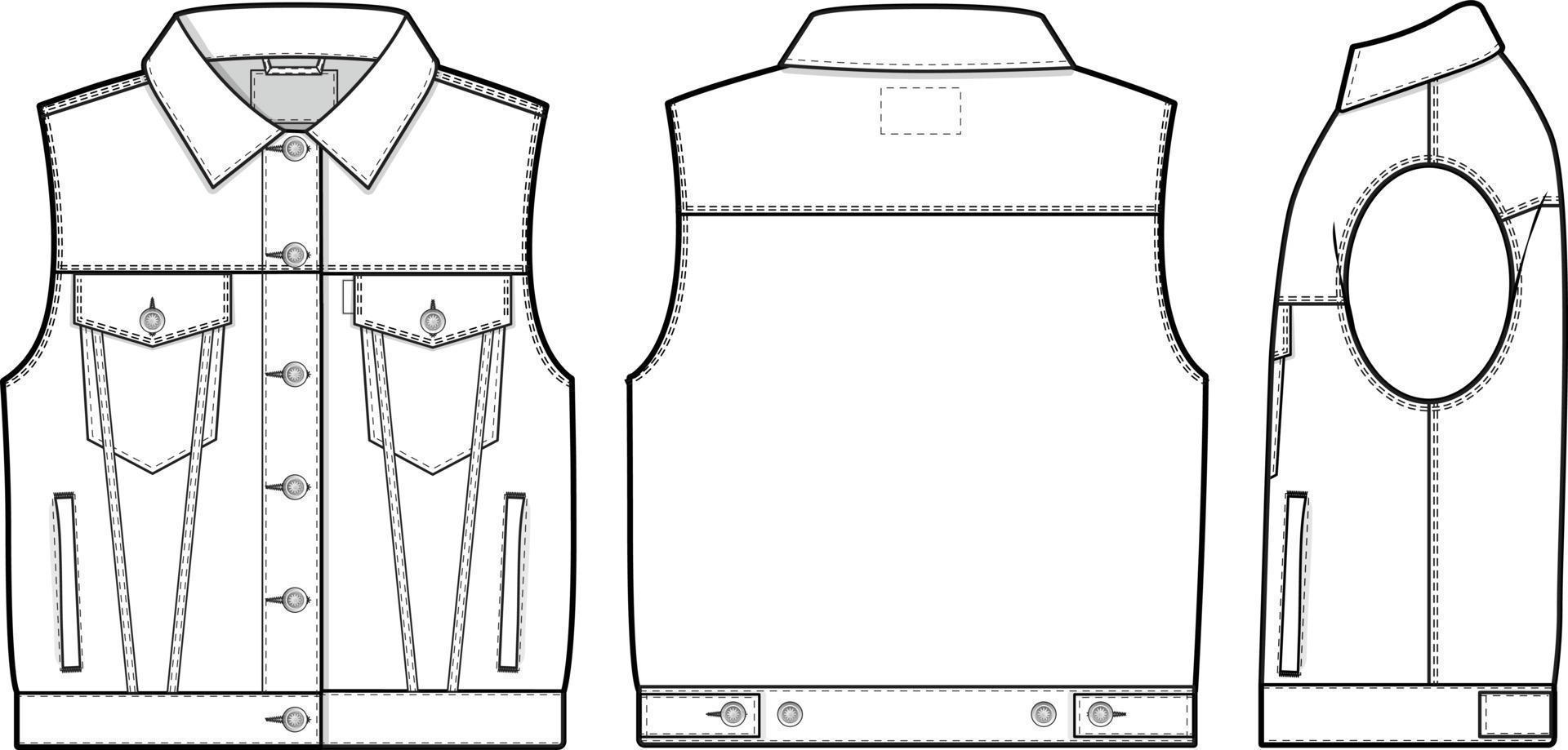 Women cropped denim jean jacket vest cutoff sleeveless slim fit Collared Flat Technical Drawing Illustration Blank Mock-up Template for Design and Tech Packs CAD Technical Sketch vector