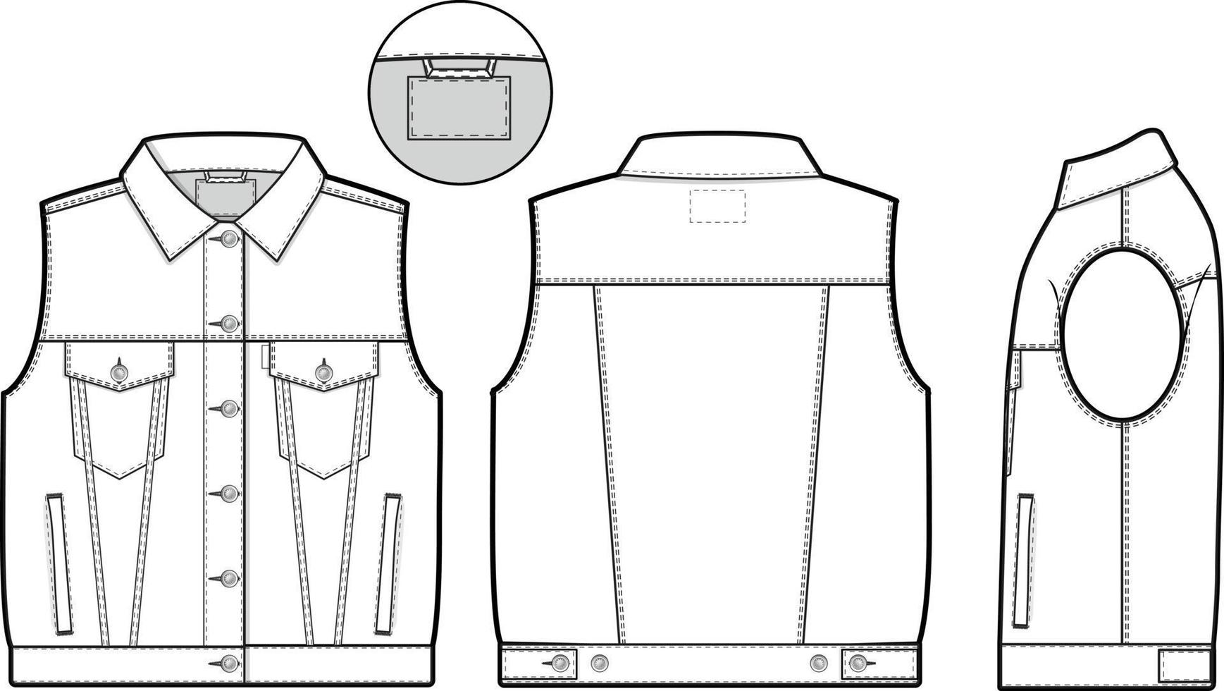 mujer mezclilla vaquero chaqueta chaleco cortar sin mangas regular ajuste con cuello plano técnico dibujo ilustración blanco Bosquejo modelo para diseño y tecnología paquetes canalla técnico bosquejo ropa de calle vector