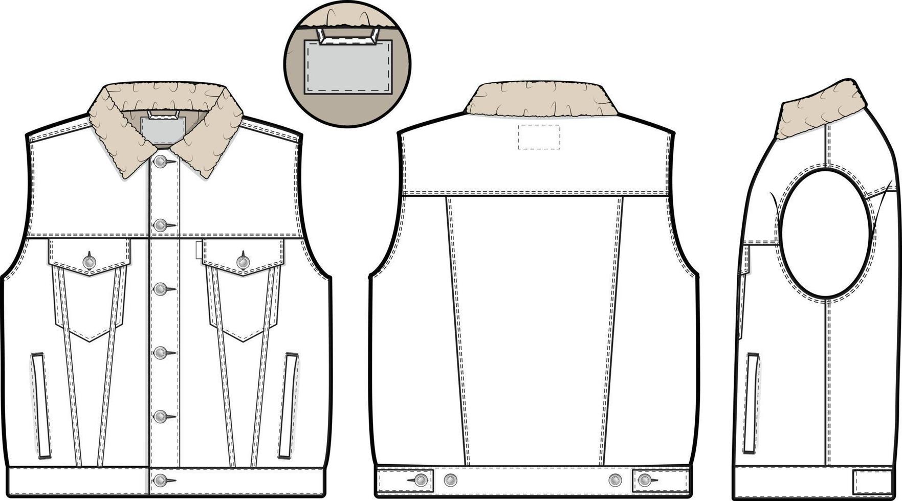 hombres unisexo Sherpa mezclilla chaleco camionero vector plano técnico dibujo ilustración Bosquejo modelo para diseño y tecnología paquetes Moda canalla ropa de calle Moda marca diseño herramienta recurso archivo regular adaptar.