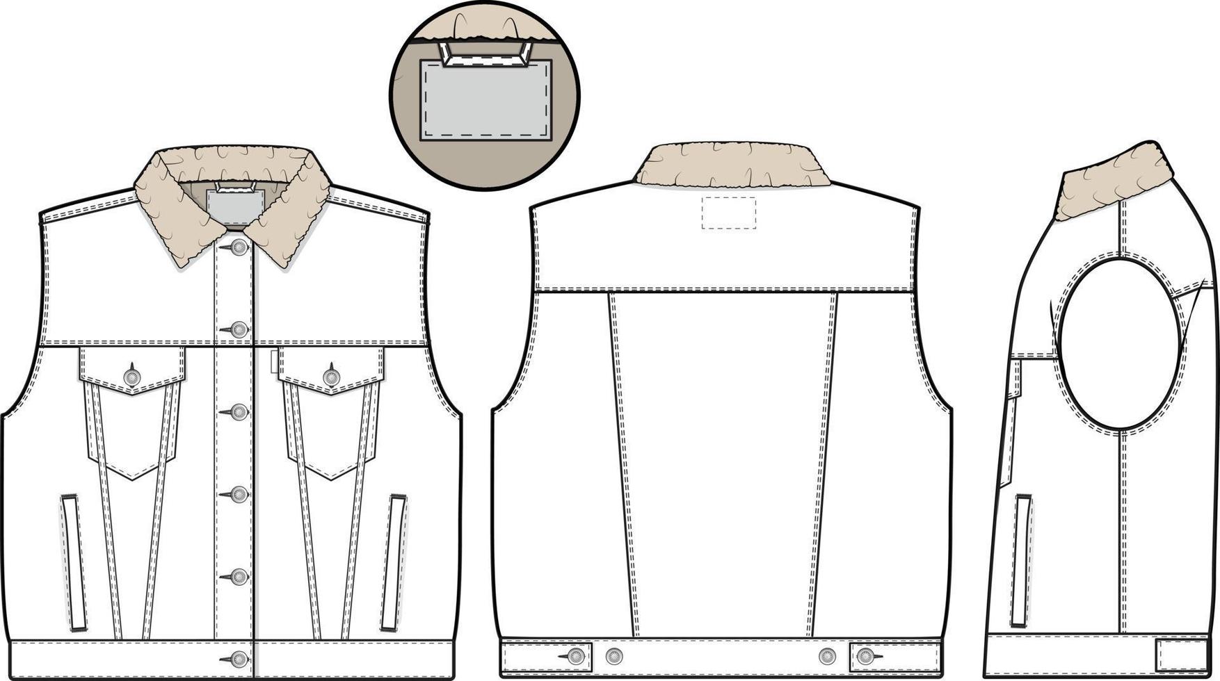 Women oversized sherpa denim vest trucker vector flat technical drawing illustration mock-up template for design and tech packs fashion CAD streetwear fashion brand design tool resource file.