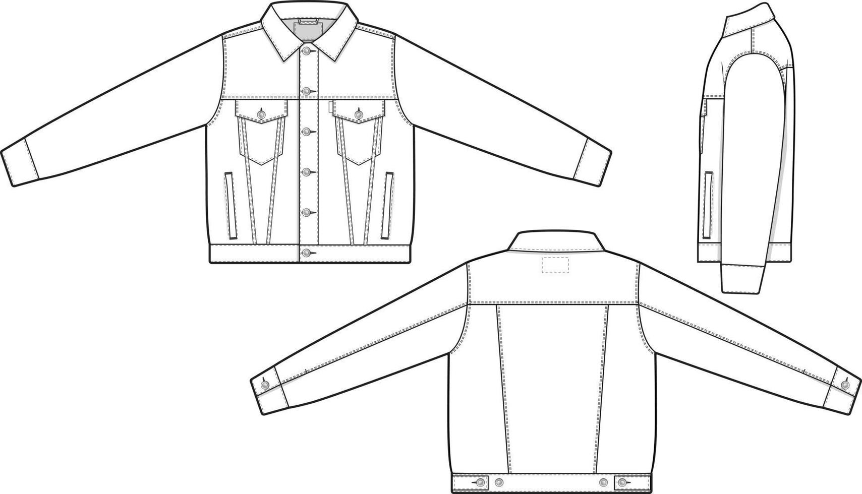 hombres unisexo regular ajuste mezclilla vaquero chaqueta camionero vector plano técnico dibujo ilustración Bosquejo modelo para diseño y tecnología paquetes Moda canalla ropa de calle Moda marca diseño recurso archivo.