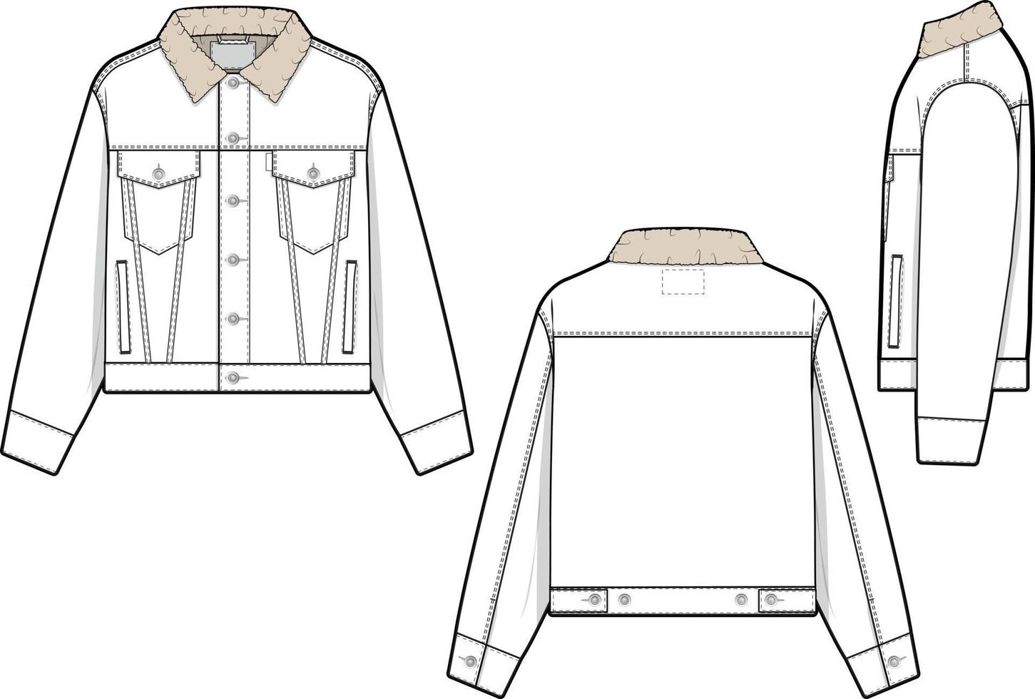 hombres unisexo recortado Sherpa mezclilla vaquero chaqueta camionero vector plano técnico dibujo ilustración Bosquejo modelo para diseño y tecnología paquetes Moda canalla ropa de calle Moda marca diseño recurso archivo