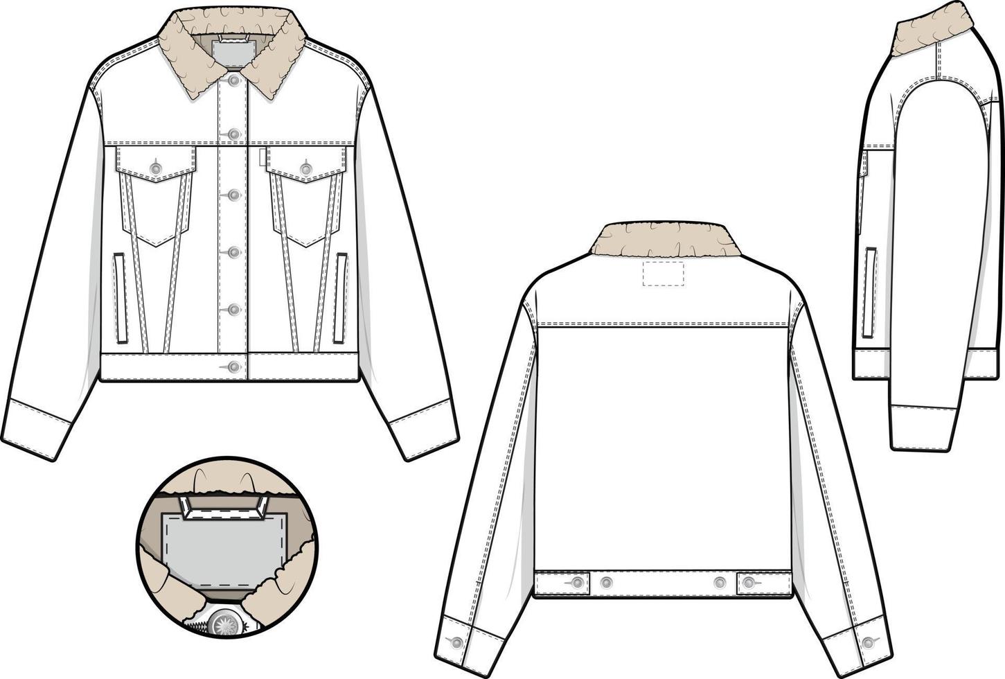 mujer recortado Sherpa mezclilla chaqueta camionero vector plano técnico dibujo ilustración Bosquejo modelo para diseño y tecnología paquetes Moda canalla ropa de calle Moda marca diseño recurso archivo delgado.