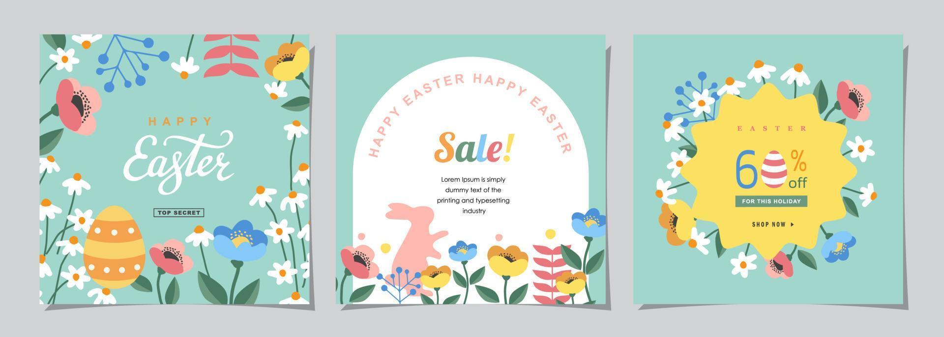 Happy Easter Set of Sale banners, social media, greeting cards, posters, holiday covers. Trendy design with typography, hand painted plants, eggs and bunny, in pastel colors. banner background. vector