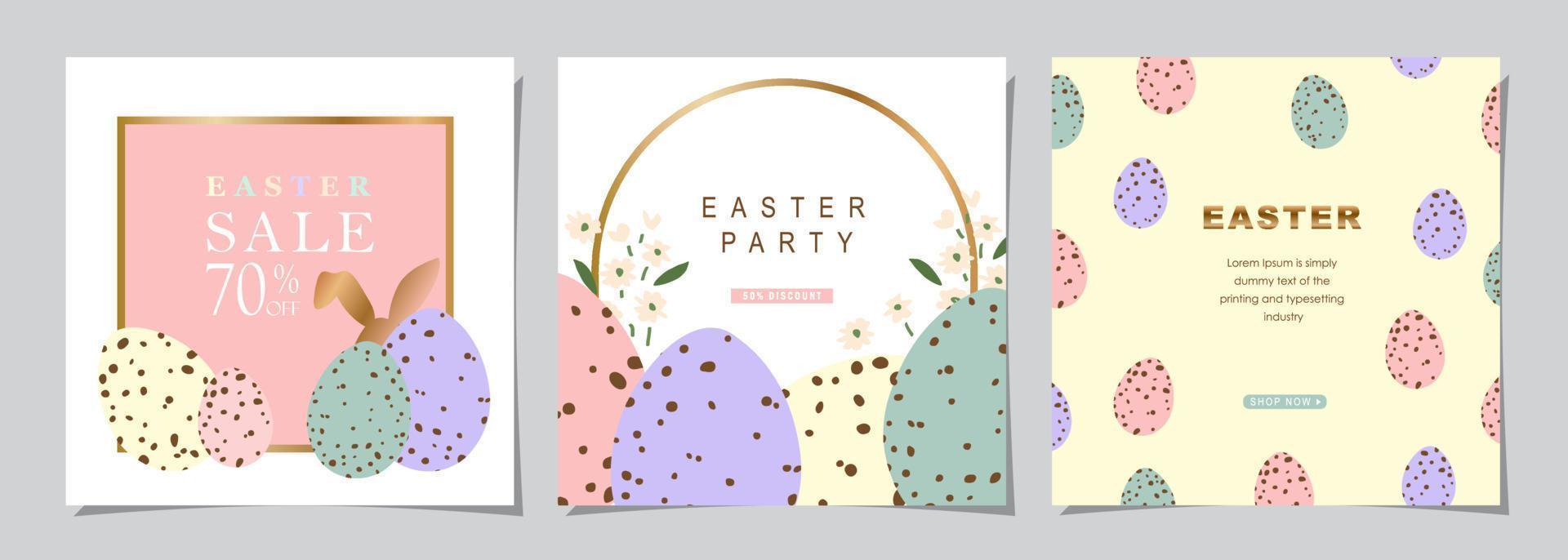 Happy Easter Set of Sale banners, social media, greeting cards, posters, holiday covers. Trendy design with typography, hand painted plants, eggs and bunny, in pastel colors. banner background. vector