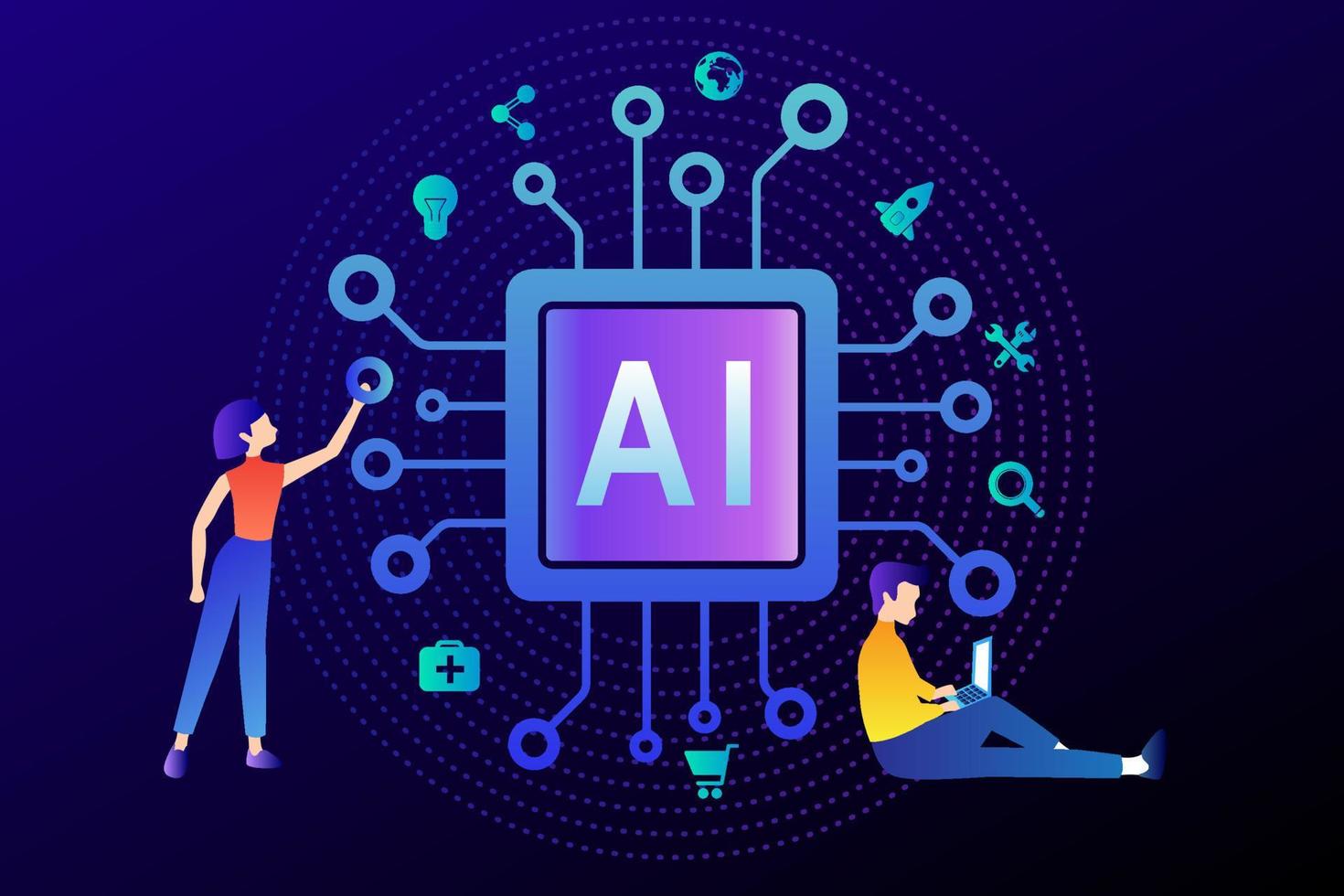 AI technology innovative applications vector infographic. Artificial intelligence, machine learning, data science and cognitive computing concept.