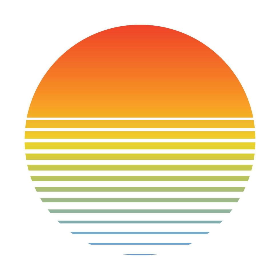 retro puesta de sol terminado el mar con degradado silueta de Dom y agua. Clásico estilo verano logo icono estilo Años 80 90s vector