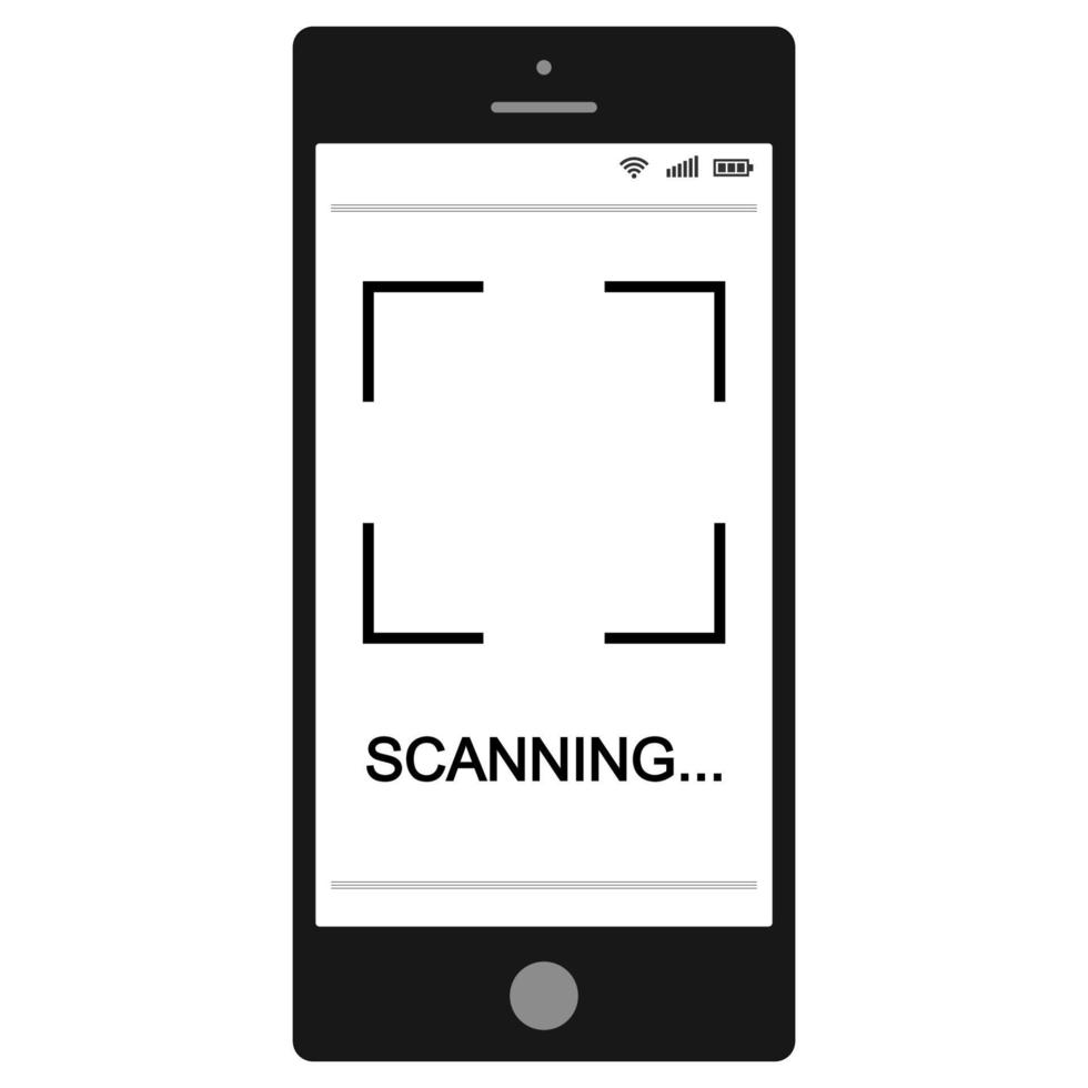 Mobile phone smartphone with QR code scanning process on the screen, vector sign scanning QR code