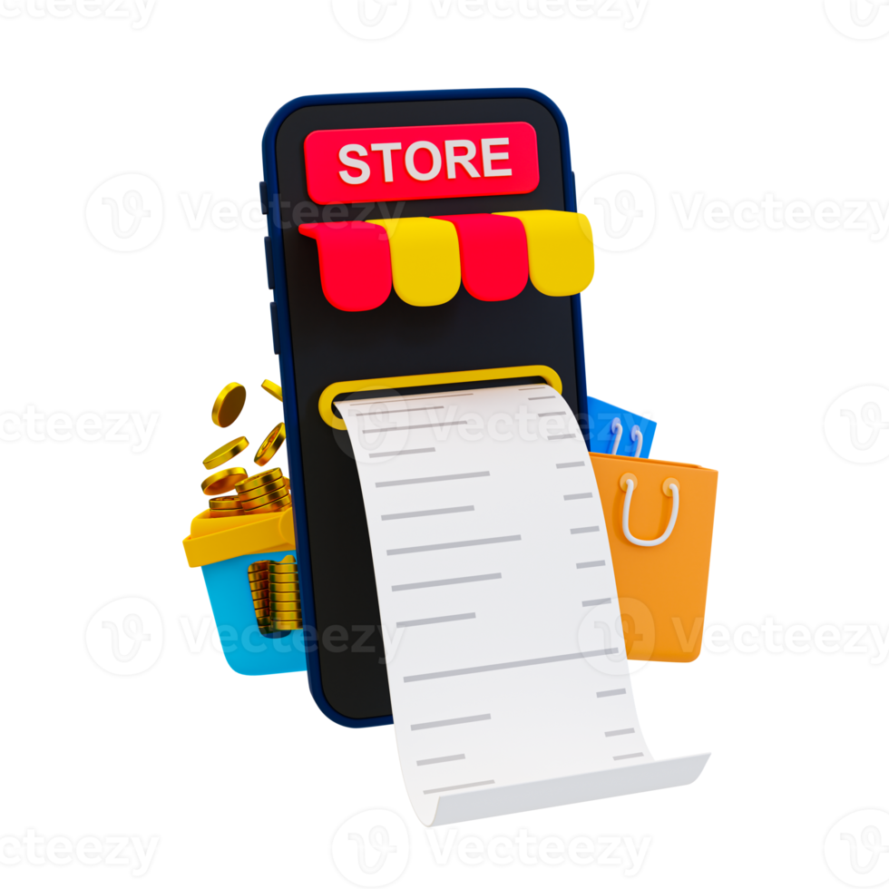 3d minimal online shopping concept. payment and checkout process. moneyless payment concept. smartphone with a bill, shopping bag, and shopping basket. 3d rendering illustration. png