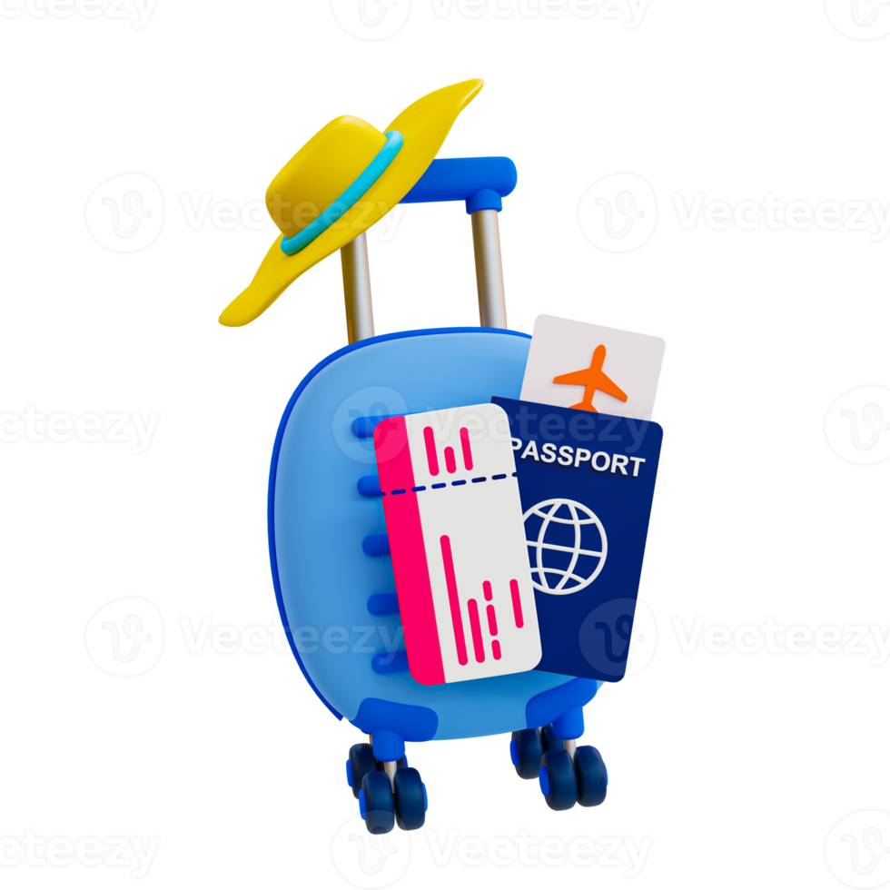 3d minimal Holiday travel trip. Travel or tourism concept. Summer vacation trip. Relaxation time concept. Luggage with a passport, plane ticket, summer hat, and camera. 3d illustration. png