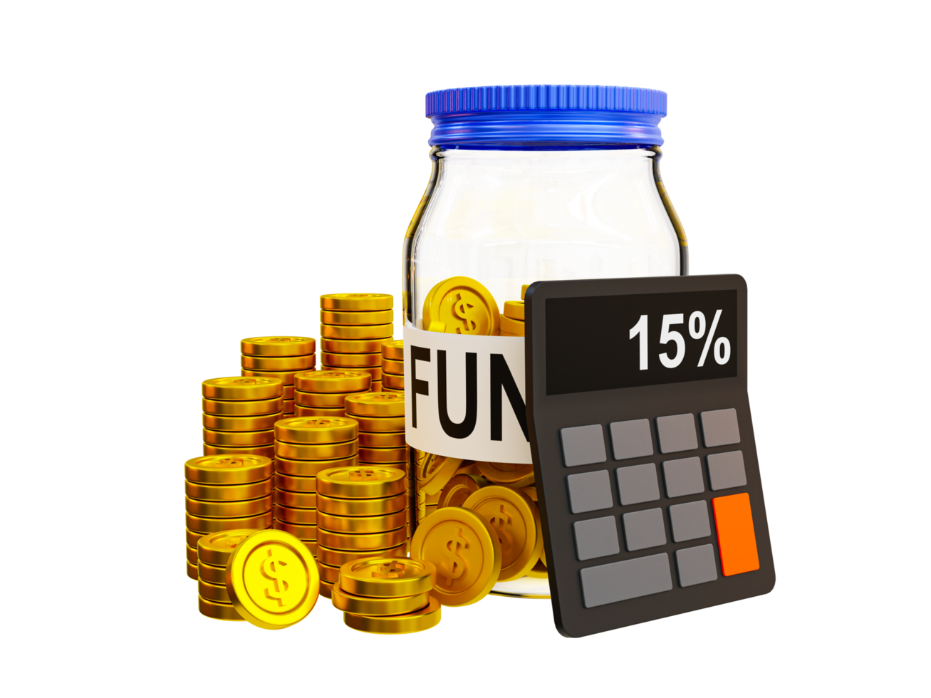 3d minimal provident fund concept. Old age living allowance concept. Futuristic investment. A pile of Money in a glass jar with a calculator. 3d illustration. png